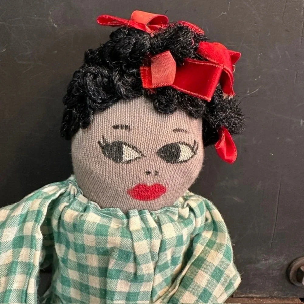 Handmade Vintage Folk Art Rag Doll Green Gingham Wooden Hands Feet 15in Prim